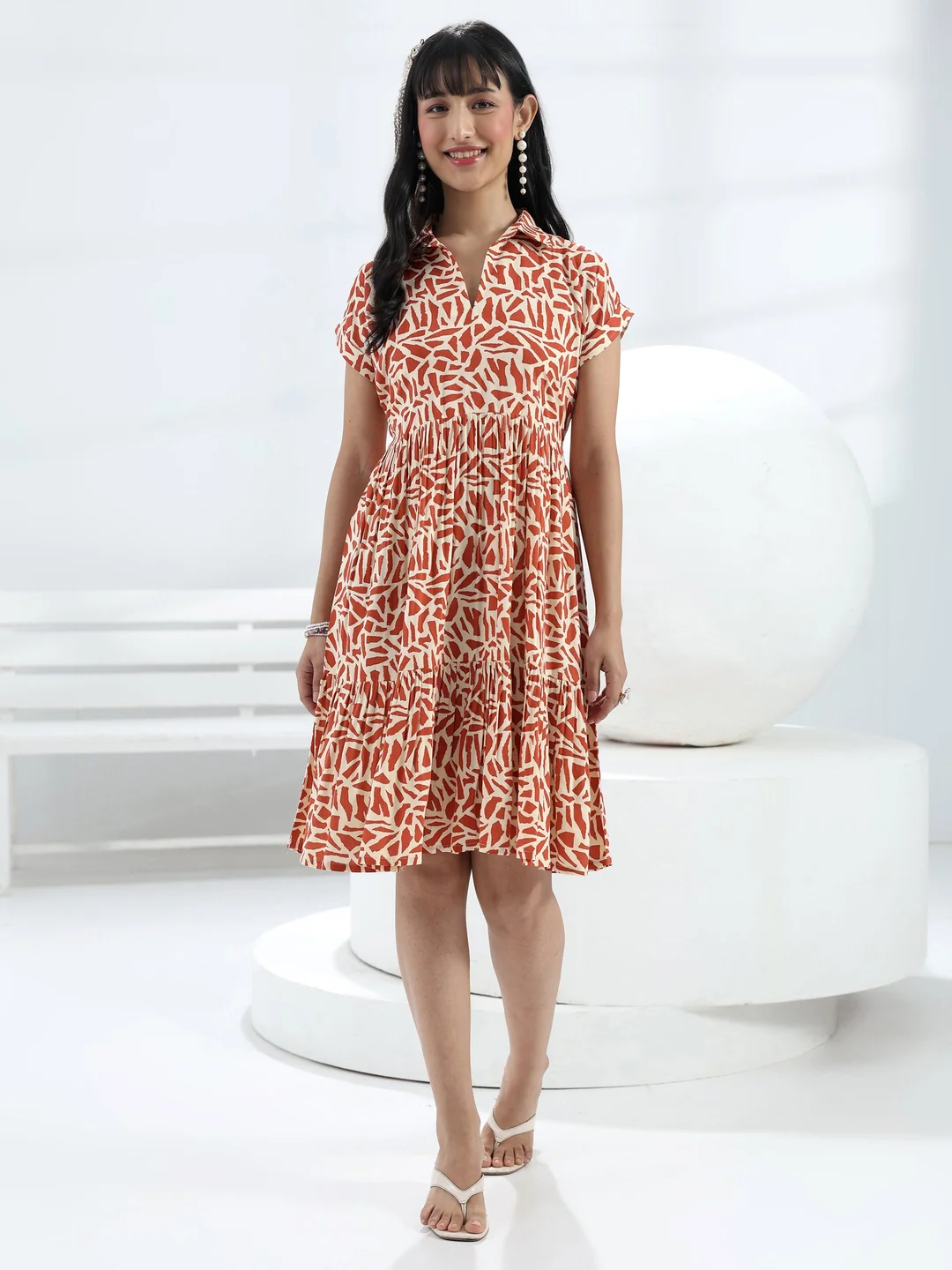 Rust Abstract Printed Rayon One-Piece Dress