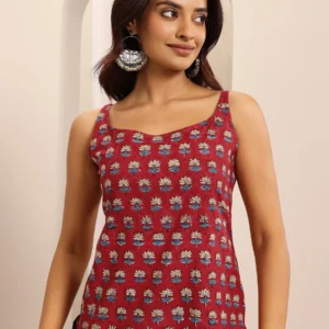 Red Printed Cotton Blend Straight Short Kurti