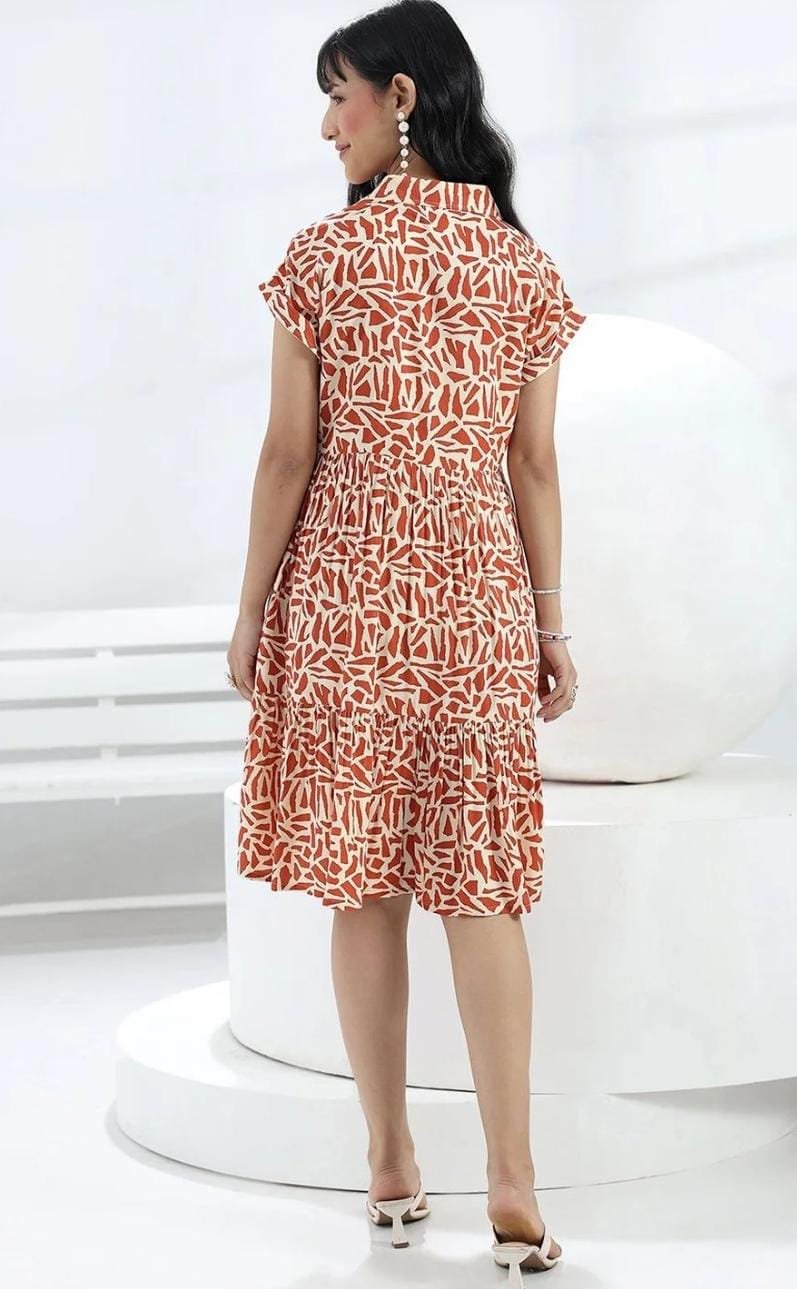 Rust Abstract Printed Rayon One-Piece Dress - Image 3