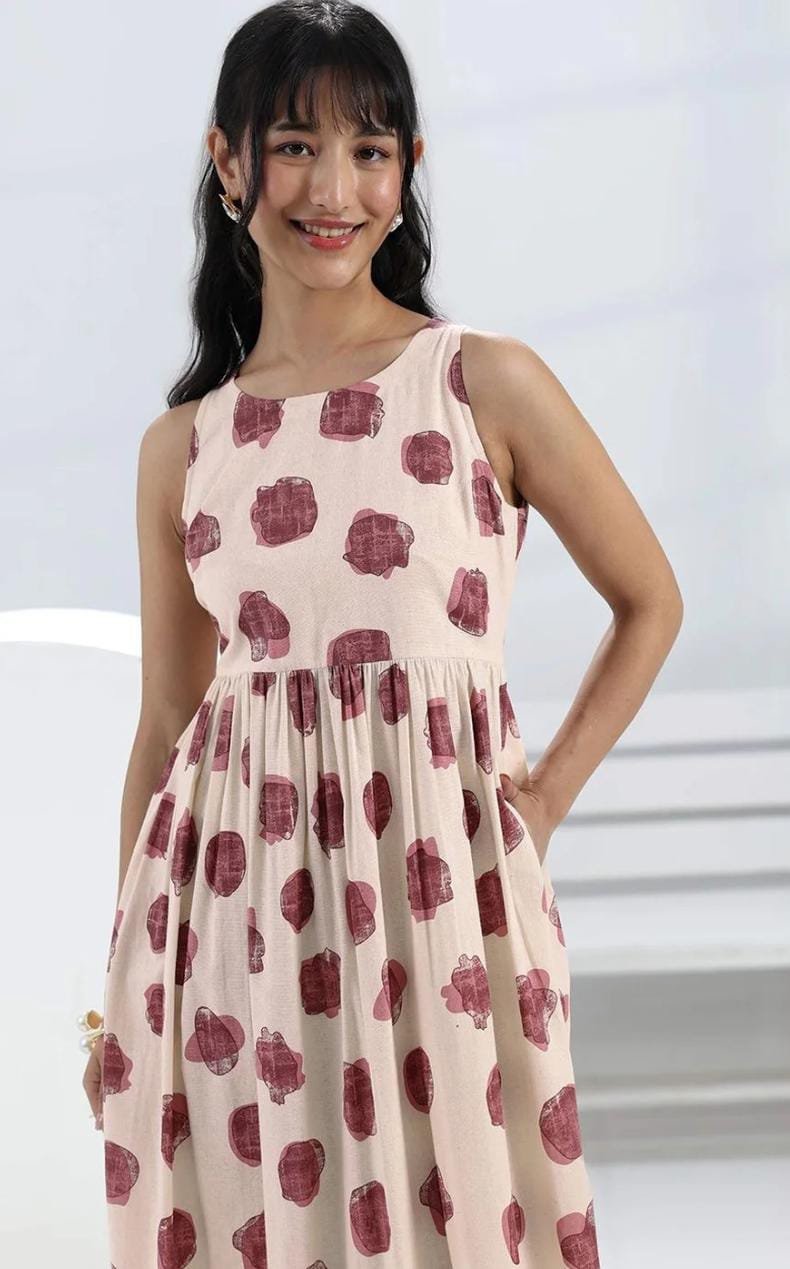Off-White Abstract Printed Fit-And-Flare Cotton One-Piece Dress