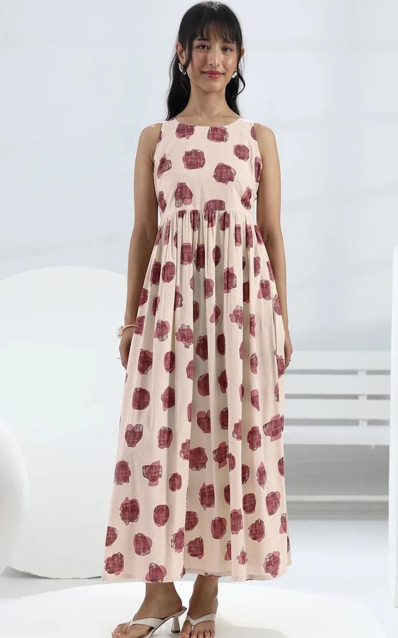 Off-White Abstract Printed Fit-And-Flare Cotton One-Piece Dress - Image 2