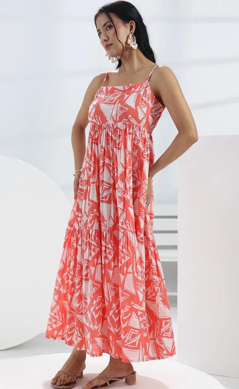 Peach Abstract Printed Cotton A-Line One-Piece Tiered Dress - Image 3