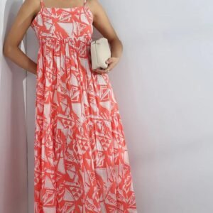Peach Abstract Printed Cotton A-Line One-Piece Tiered Dress